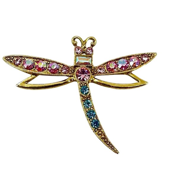 1928 Collection Gold-Tone Dragonfly Brooch With Pink & Blue Rhinestones - Picture 1 of 11
